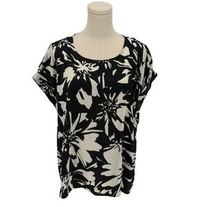 Nine West Black White Floral Print Short Sleeve Tunic Top Women's XXL